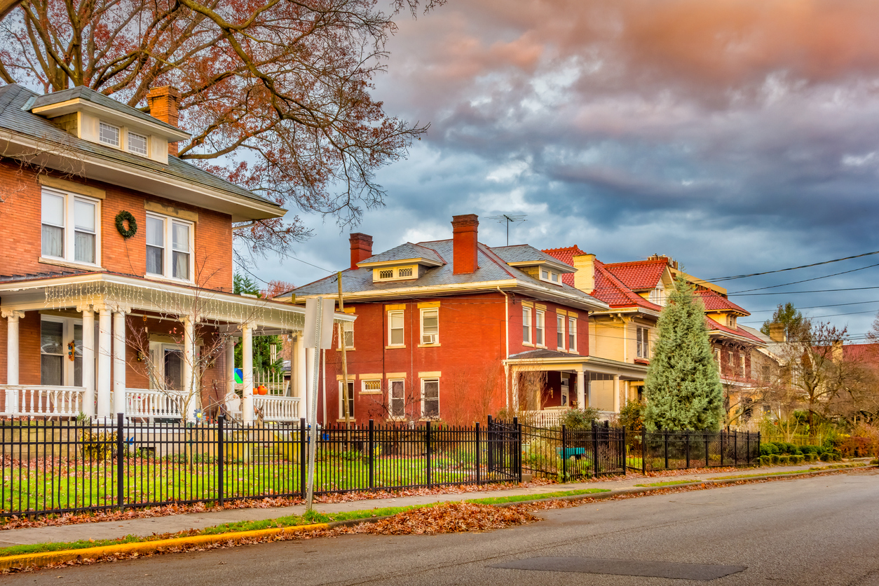 block of stately houses on a residential street in Charleston West Virginia