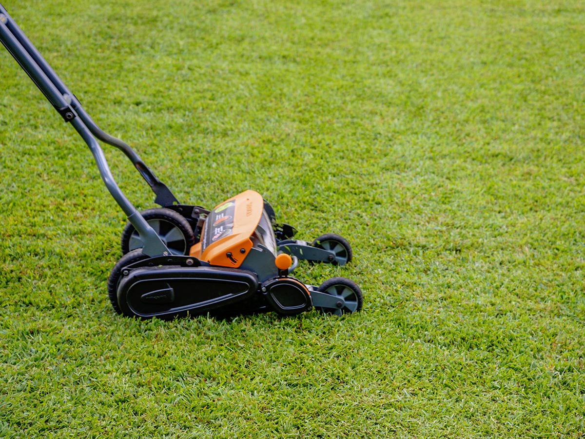 The Fiskars StaySharp Max reel mower sitting on a green lawn