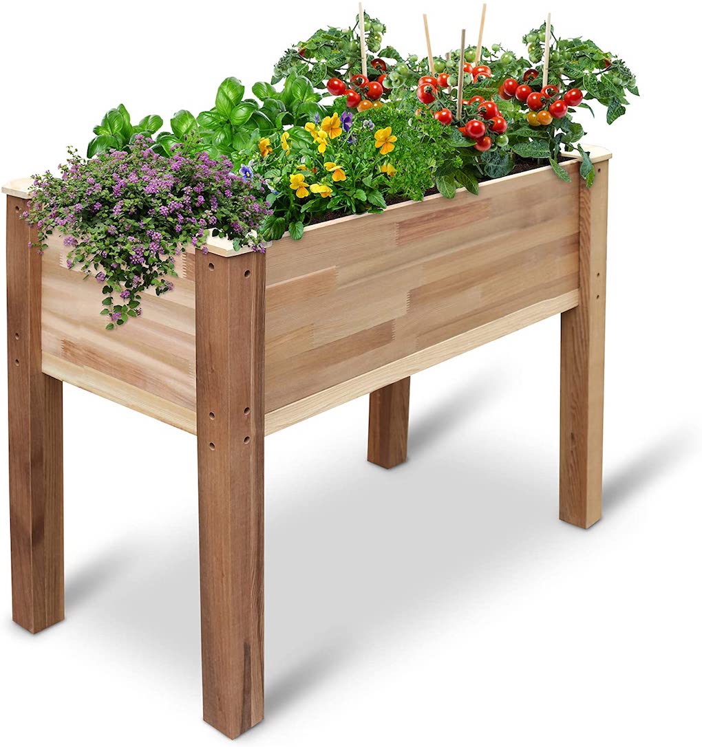 A wooden raised garden bed. 