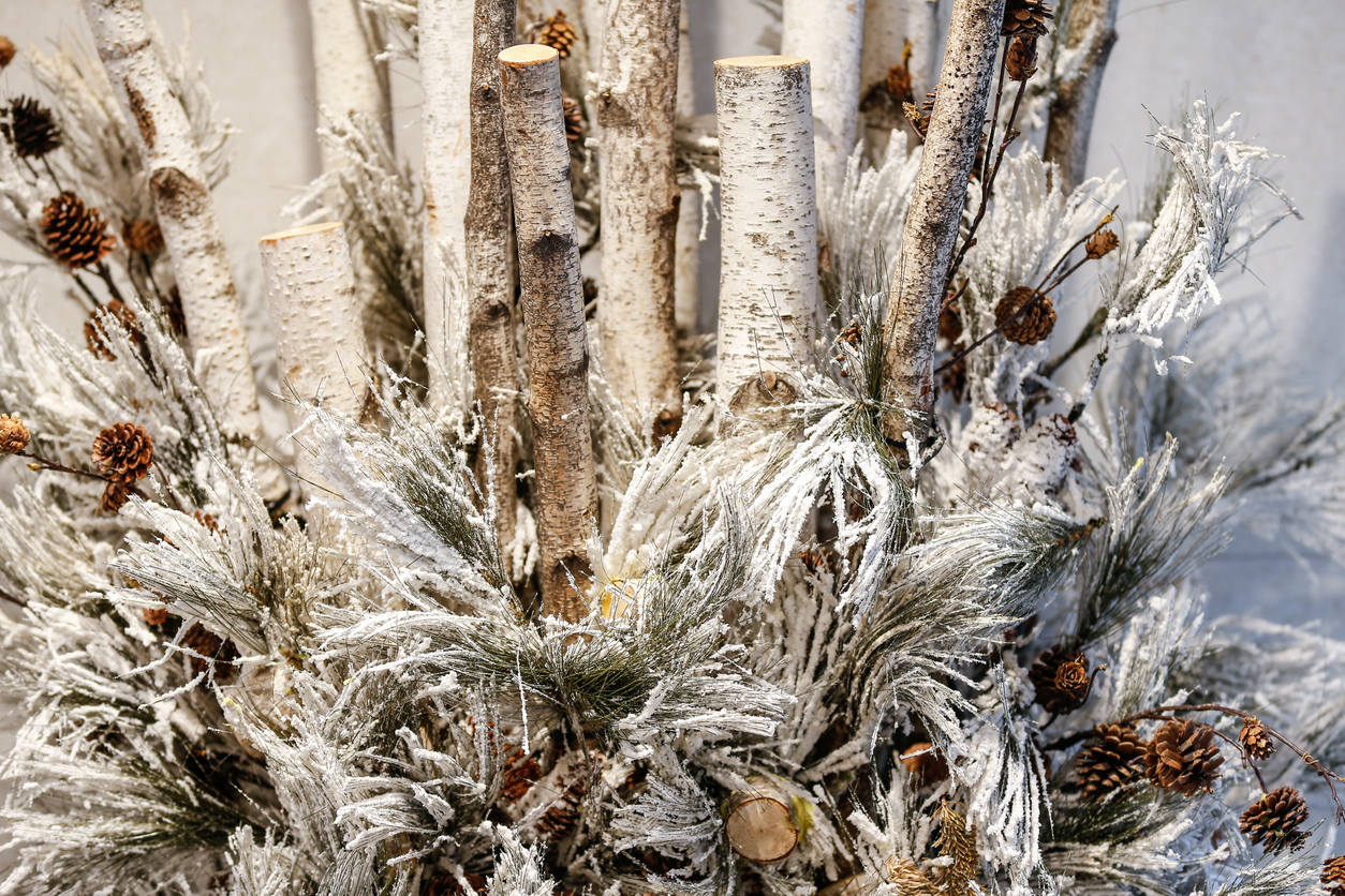 Christmas arrangement with birch and pine on porch