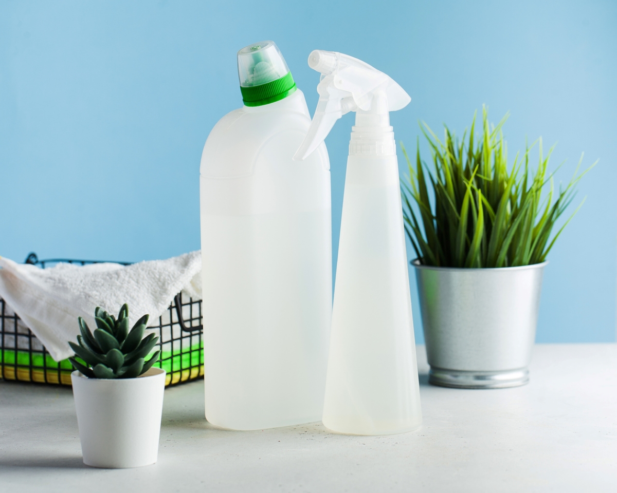 clear bottles of cleaning product