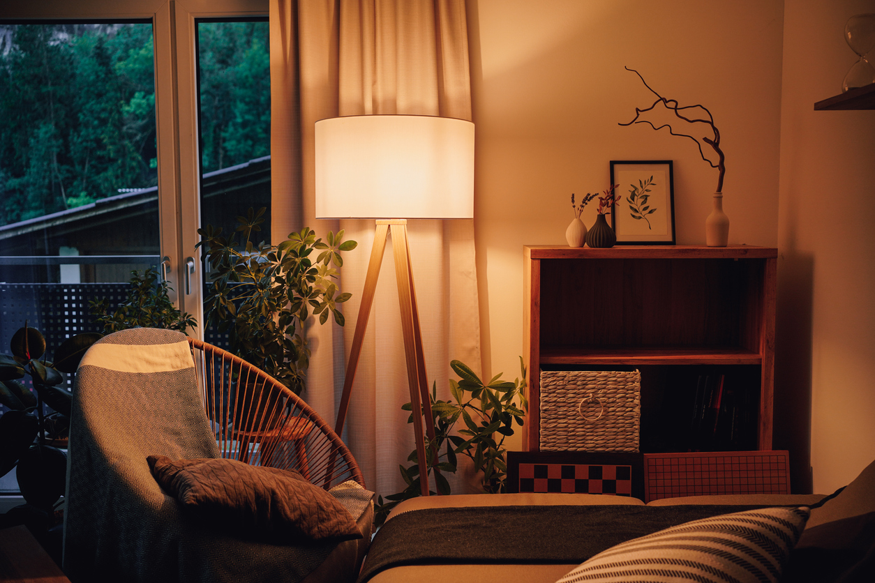 Cozy living room in the evenign with potted plants decorated with furniture in natural colors.