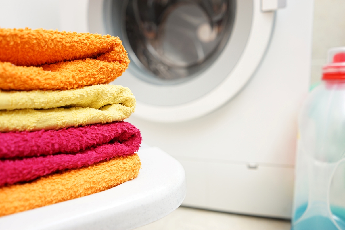 Color towels on table in laundry room