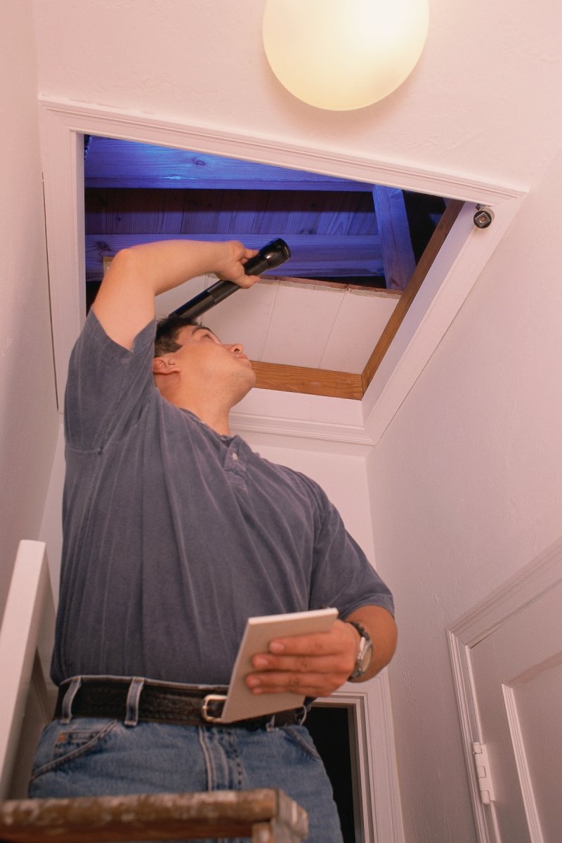 A homeowner inspecting roof rafters inside the attic for adding hurricane ties.