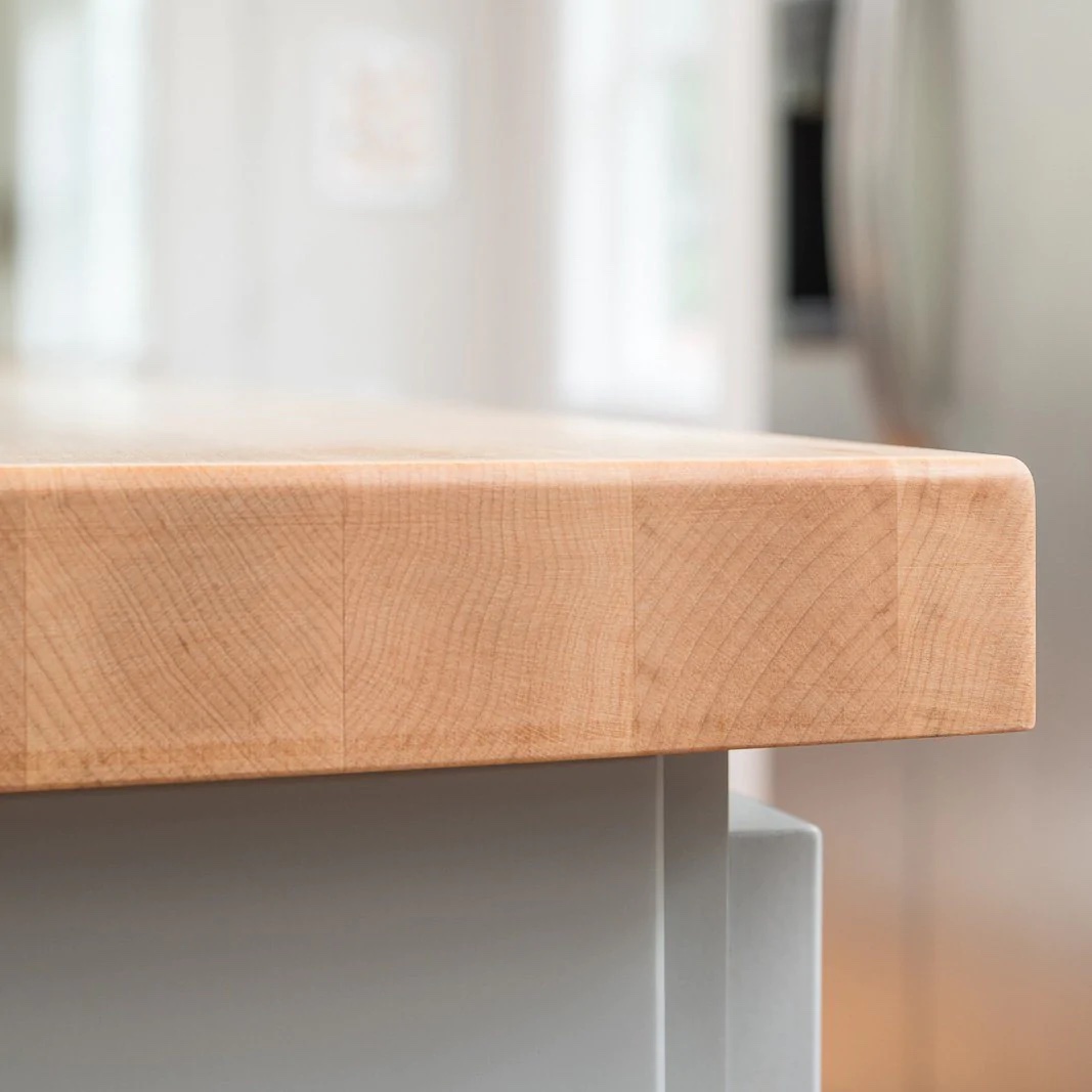 closeup view of butcher block countertop