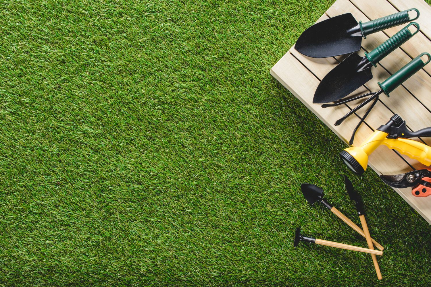 A lush, green lawn with a pallet sitting on it. On the pallet are lawn and garden tools.