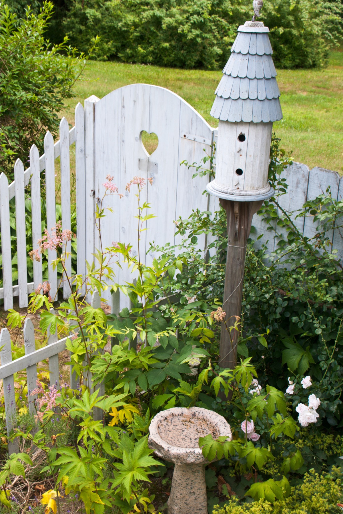 A flower bed surrounded by a white picket fence with a birdhouse.