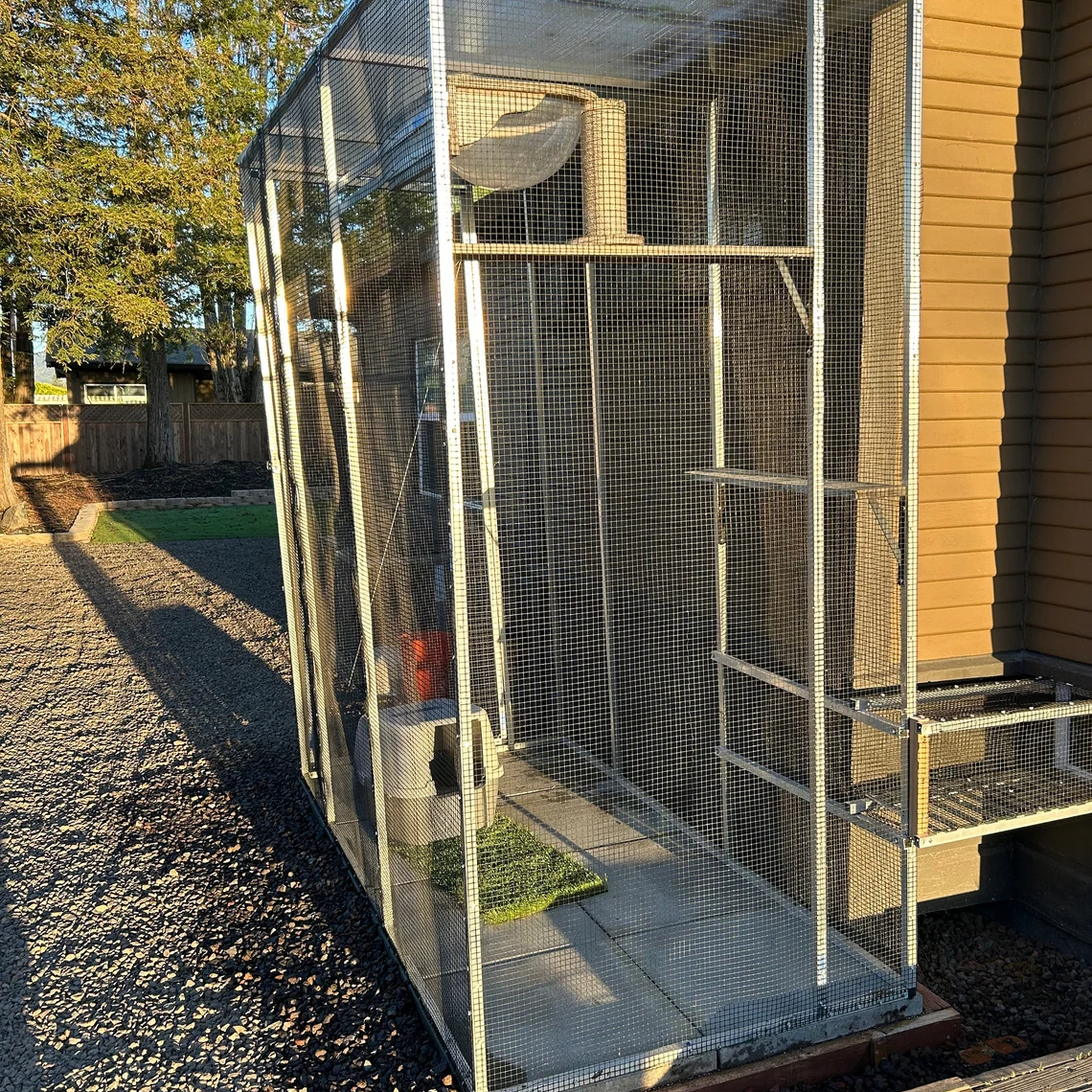 A tall freestanding catio made of aluminum poles and chicken wire stands in a gravel backyard.