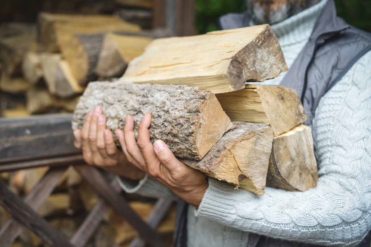 Adult holding firewood.