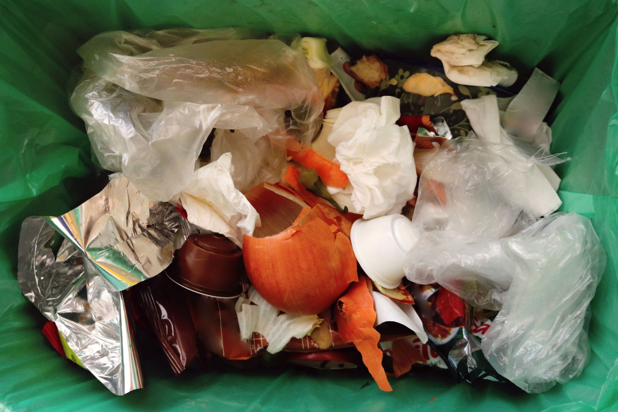 overhead view of full trash can