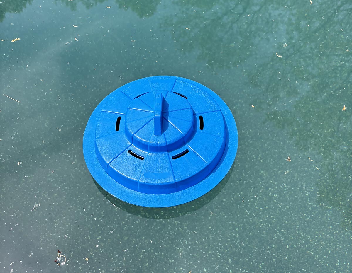 The Pool Patrol PA-30 Pool Alarm floating in a pool during testing.