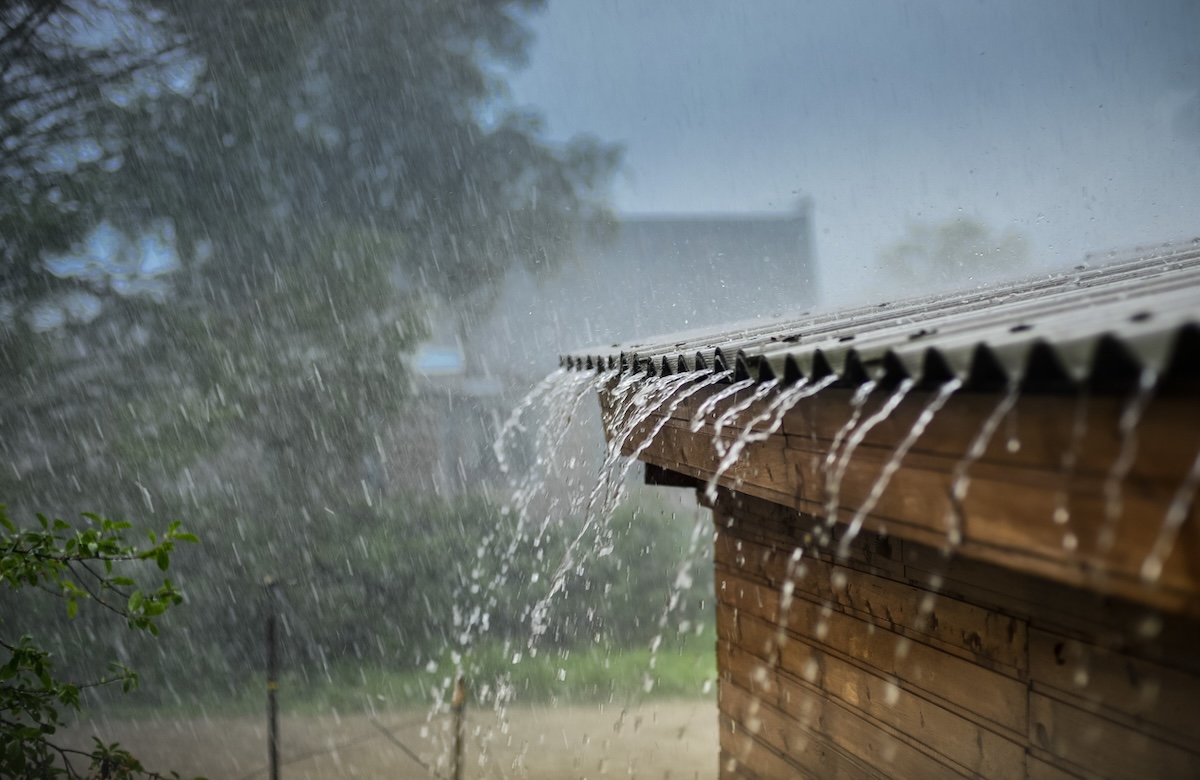 Rain flows off of a grey metal roof. 