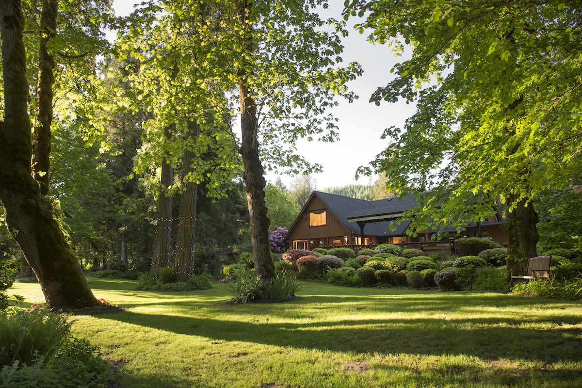 The front of a brown house with several trees, shrubs, and plants as landscaping.