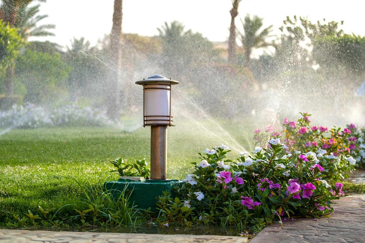 landscaping mistakes that make home buyers walk the other way flowers lining stone path on lawn sprinkler system on water spraying