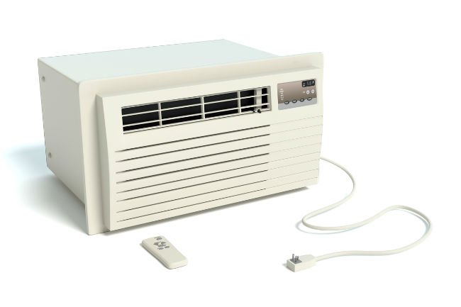 A window air conditioner against a plain white background.