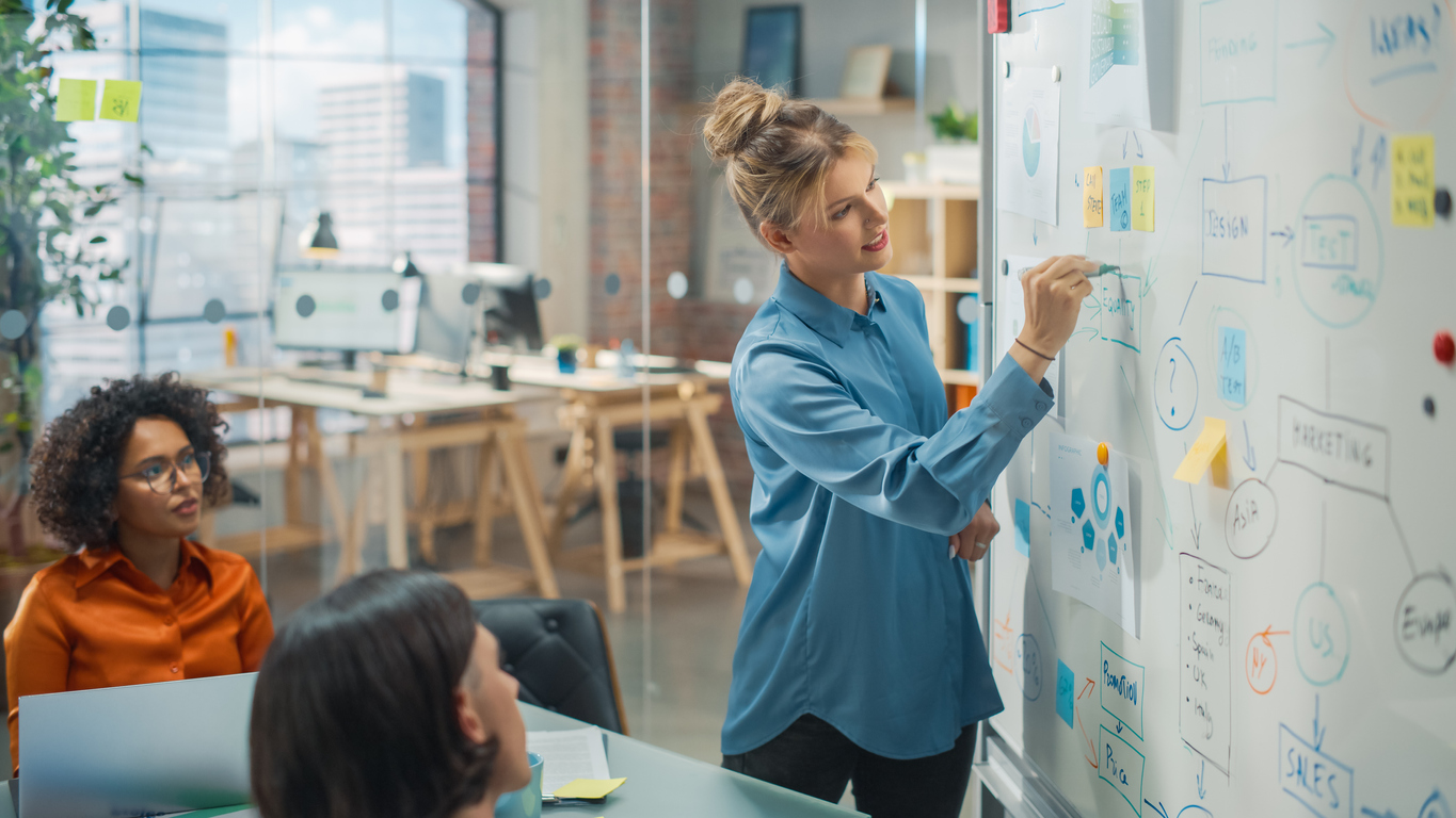 woman in open plan office writing on whiteboard for presentation to two coworkers sitting in front of her