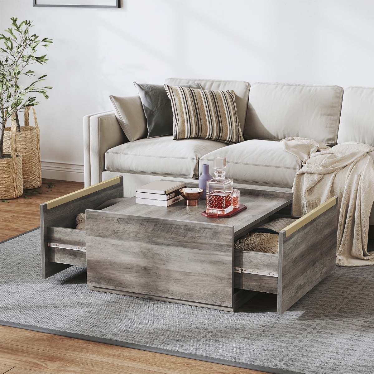 Coffee table with open cabinets.