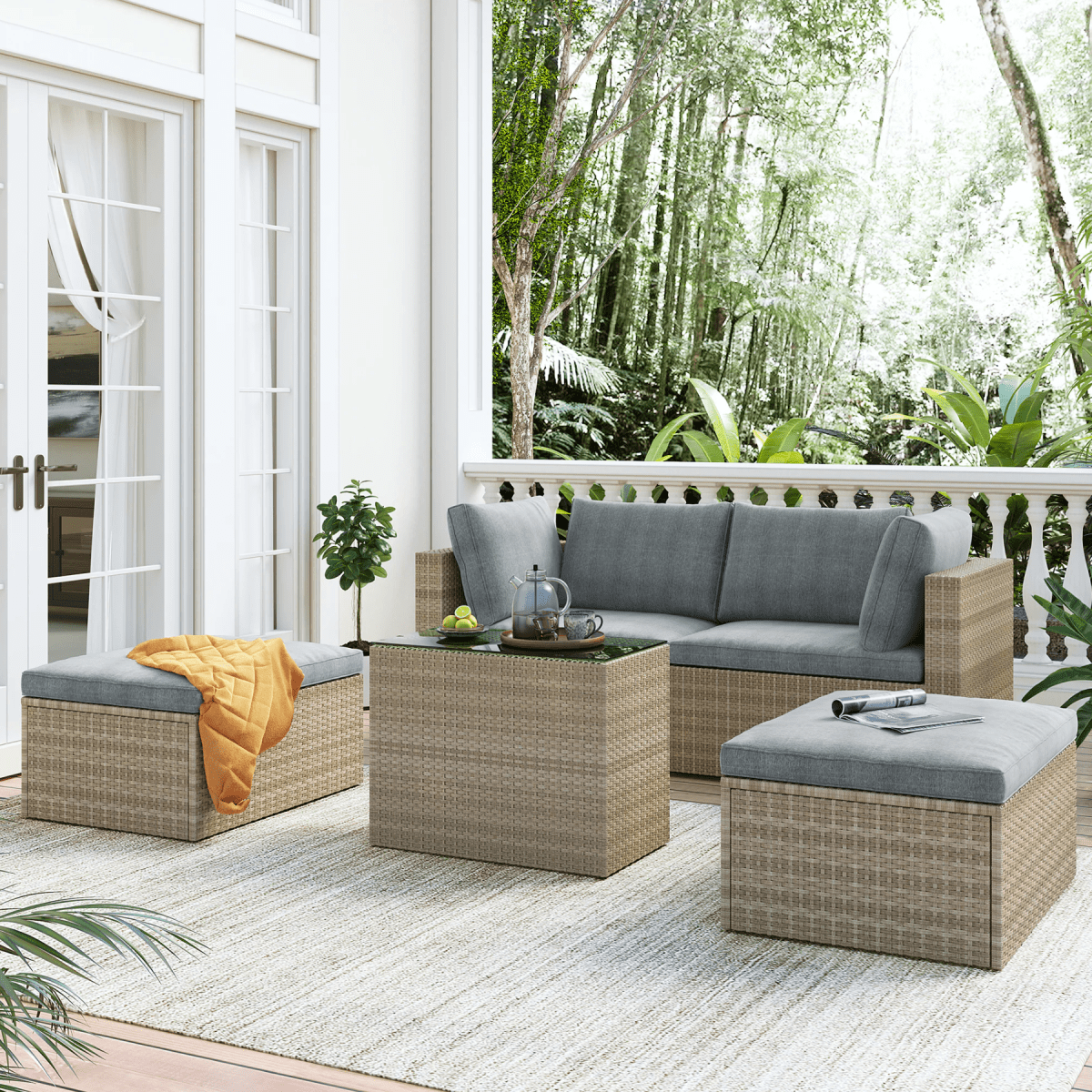 5-piece Mondawe rattan patio furniture set on a deck