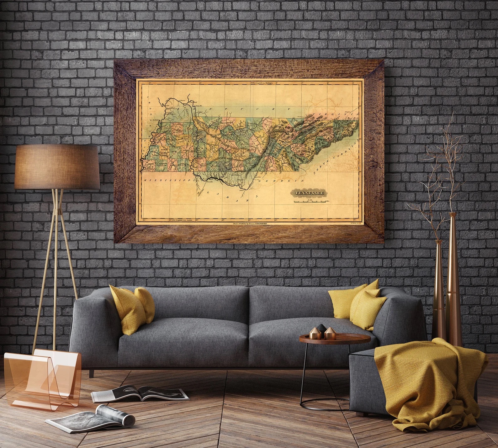 Etsy Wall Decor Ideas Map on a gray brick wall