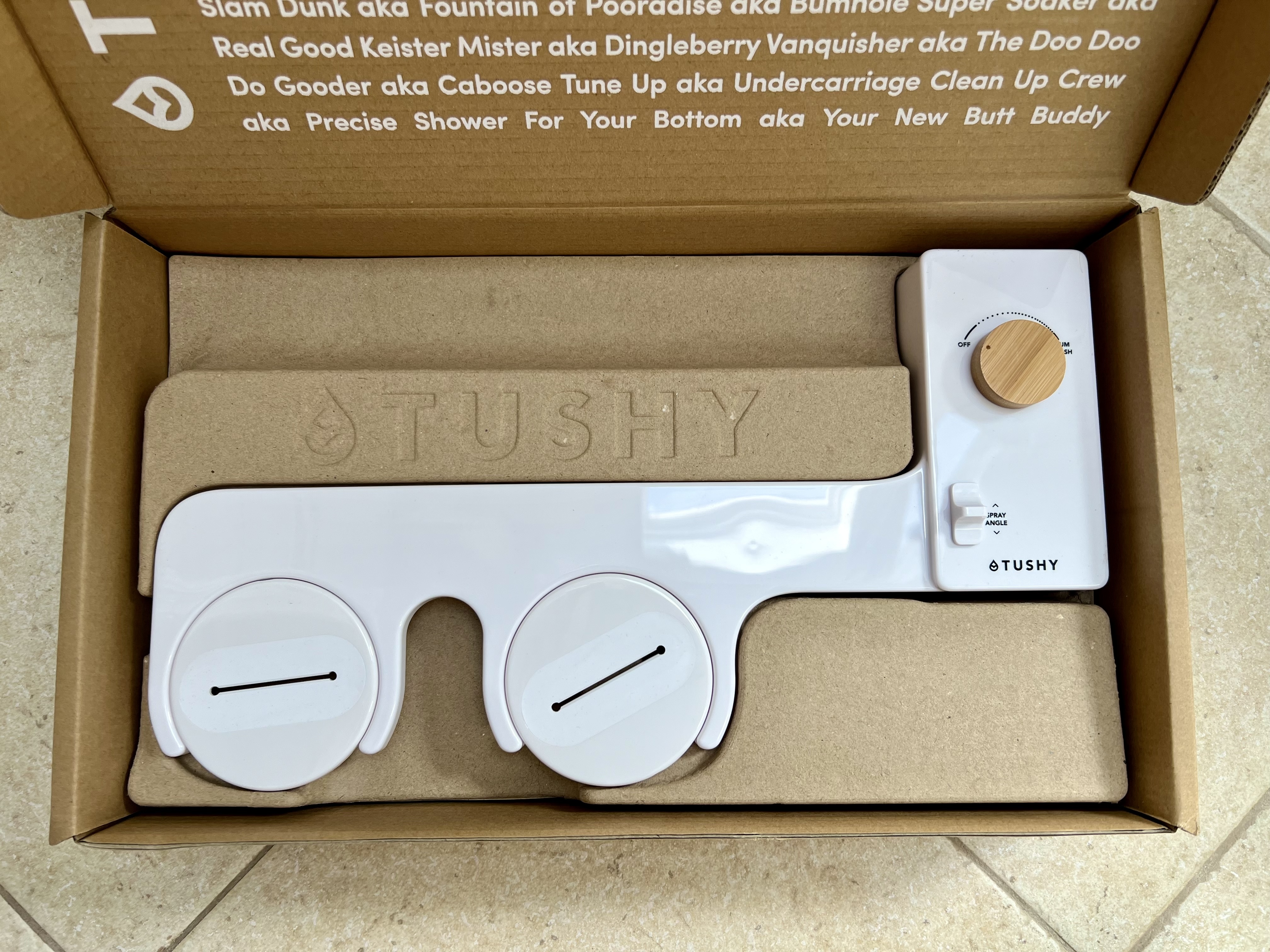 Newly opened Tushy Bidet 3.0 inside its box