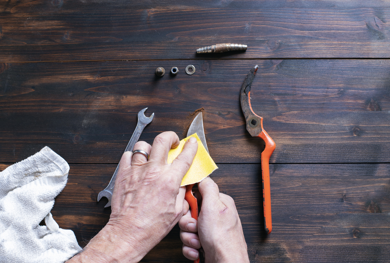 men hands cleaning and assembling a pair of garden scissors. Spring garden preparation. Image with copy space