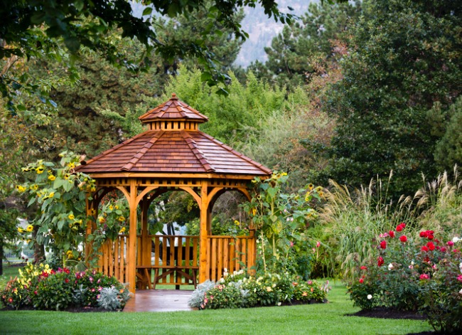 A wooden gazebo in a backyard garden is surrounded by flowering bushes.