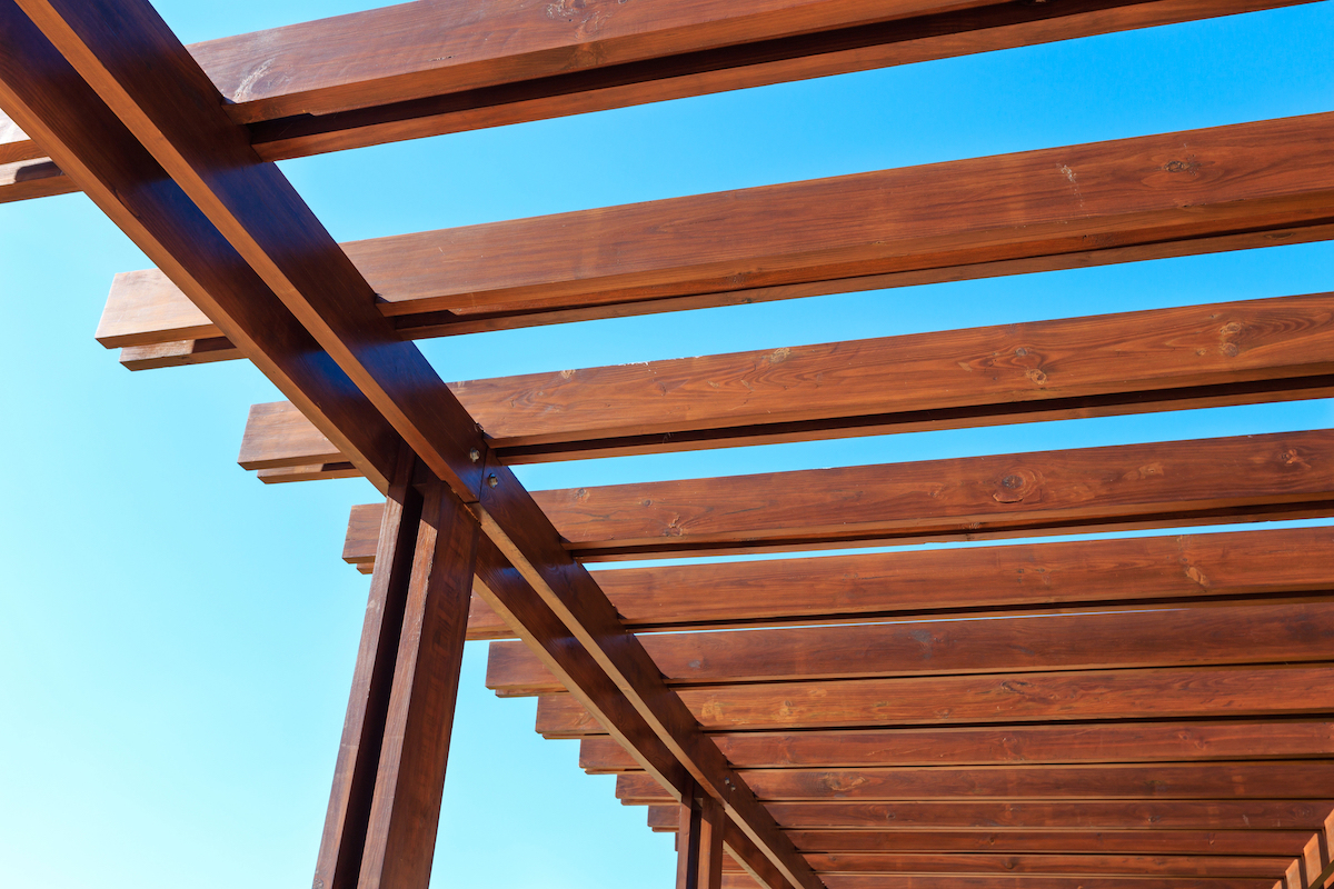 The sky is visible between the wooden beams of a pergola roof.