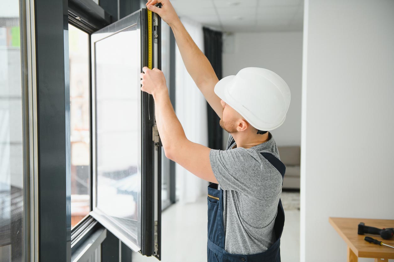 A worker replaces a window.