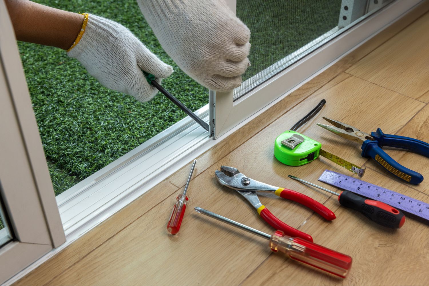 A person's hands repair the screen on a sliding patio door using a flat-head screwdriver. A set of tools sits next to the door.