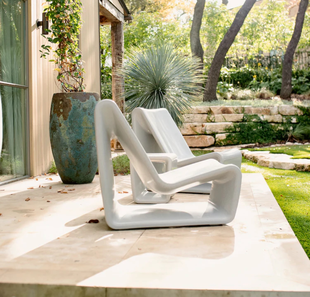 Sleek grey patio chairs.