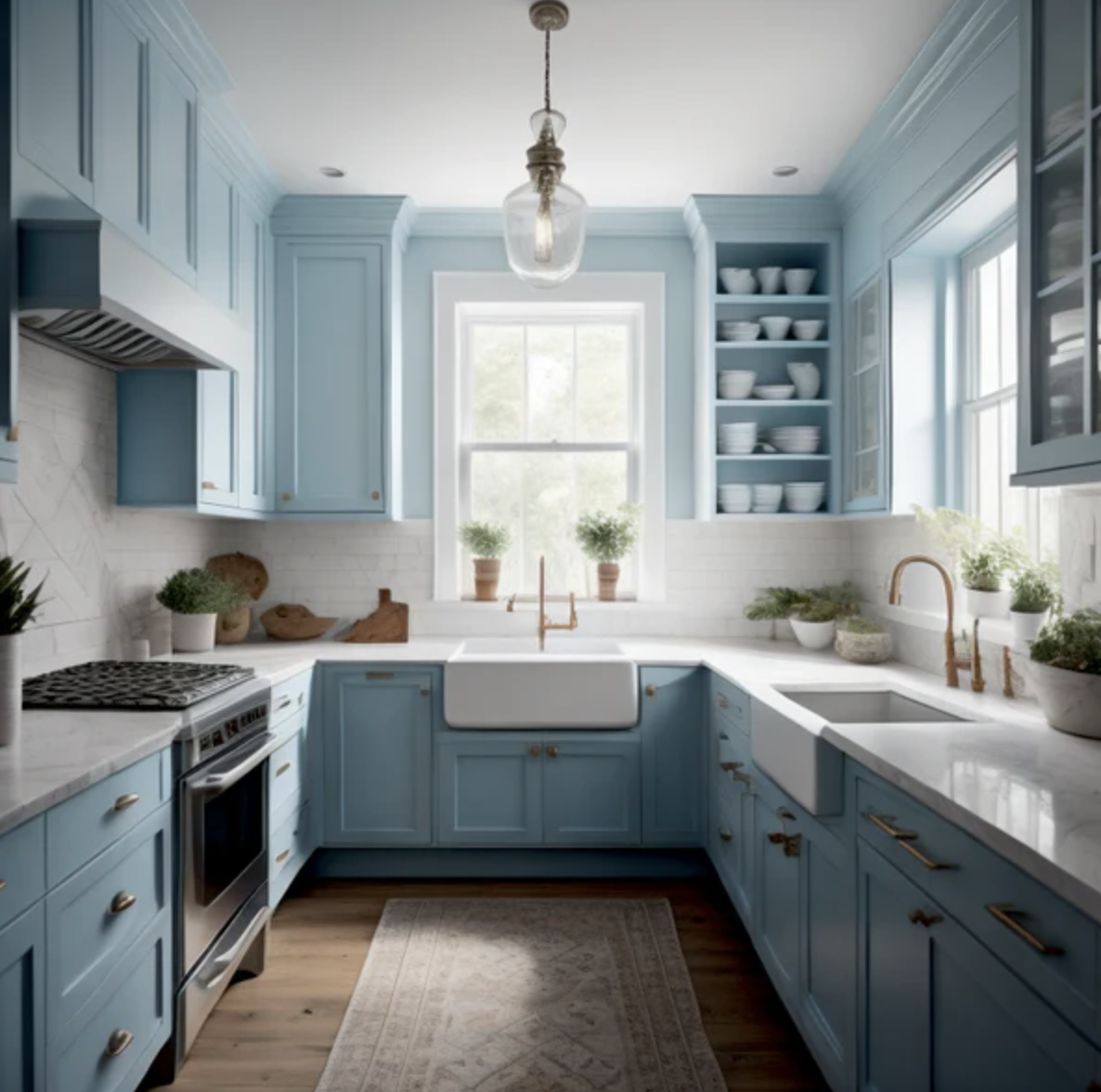 Kitchen in Thermal paint color and modern appliances.