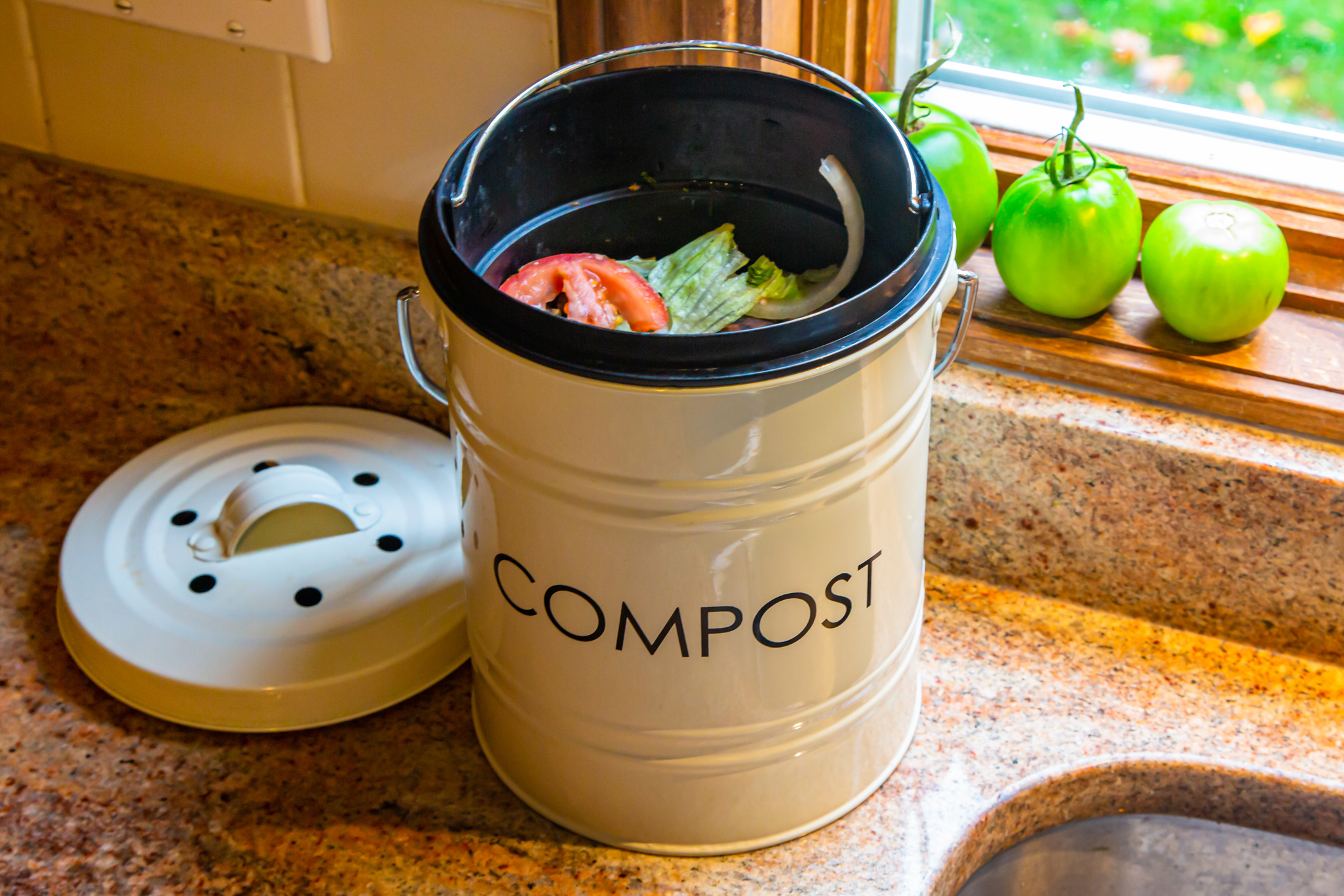 A compost bin on a granite kitchen counter next to a sink and window with lettuce, tomato and onion in it