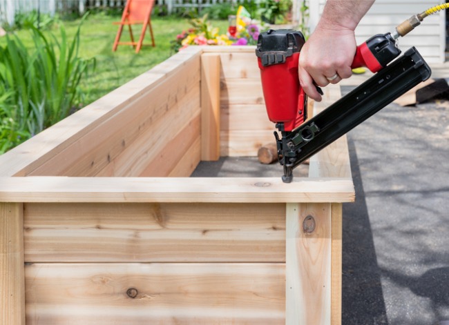 Une personne utilise une cloueuse de finition rouge sur un nouveau lit de jardin surélevé en bois.