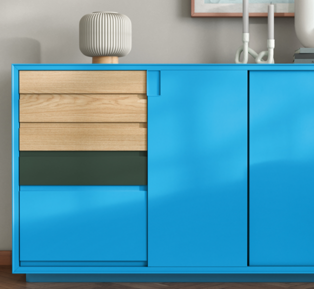 Krylon's vibrant "Bluebird" paint on a storage center.