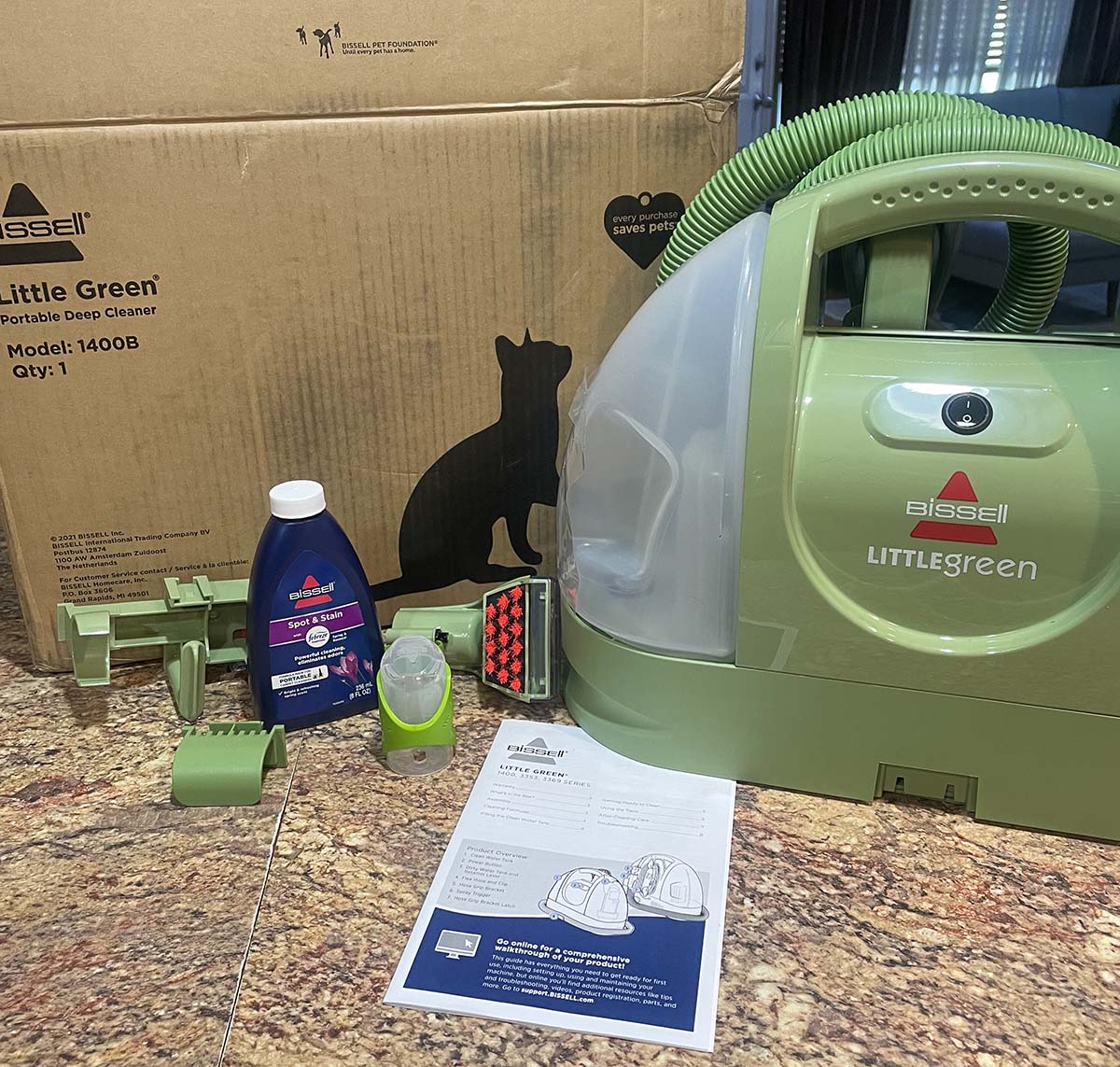 Bissell Little Green accessories, cleaner, and box