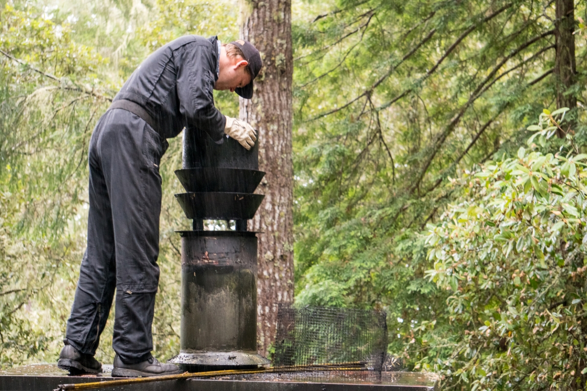 Professional chimney inspector looking at chimney